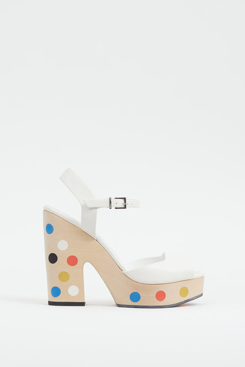 Fendi White & Multi Dots Wooden Platform Sandal