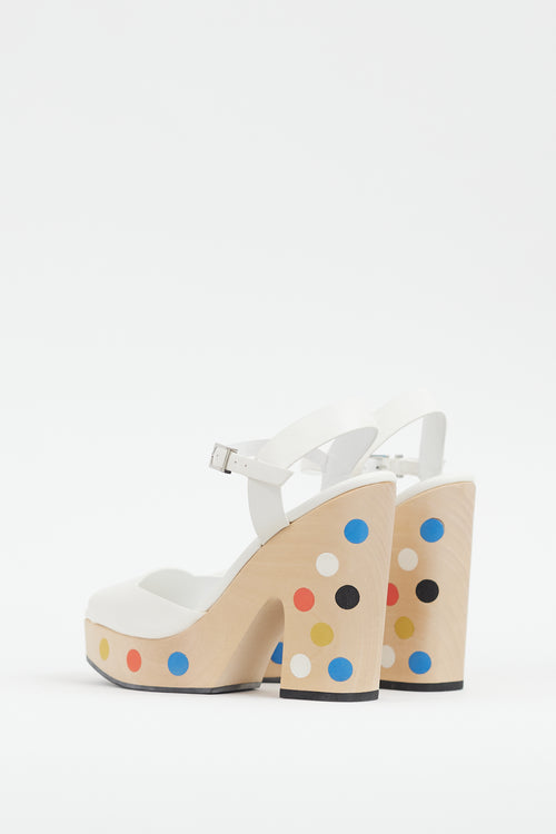 Fendi White & Multi Dots Wooden Platform Sandal