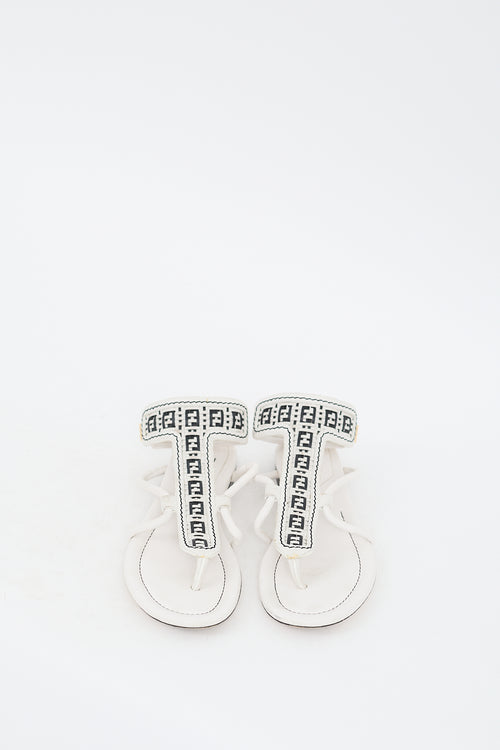 Fendi White & Black Leather Woven FF Strap Sandal