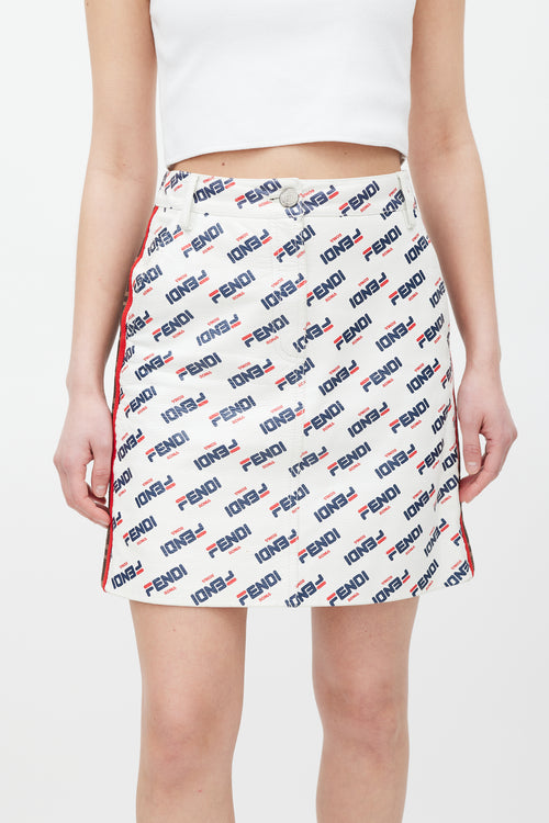 Fendi X Fila White & Multicolour Leather Monogram Logo Skirt