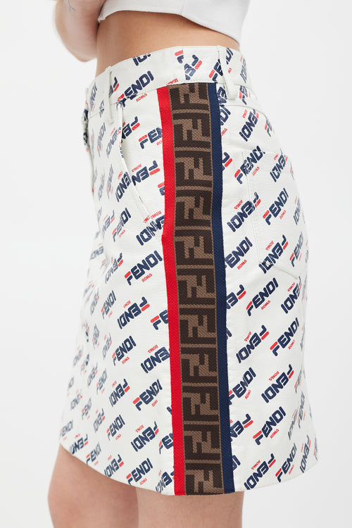 Fendi X Fila White & Multicolour Leather Monogram Logo Skirt
