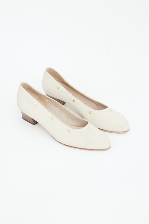 Ferragamo Beige & Gold Embellished Trim Suede Pump