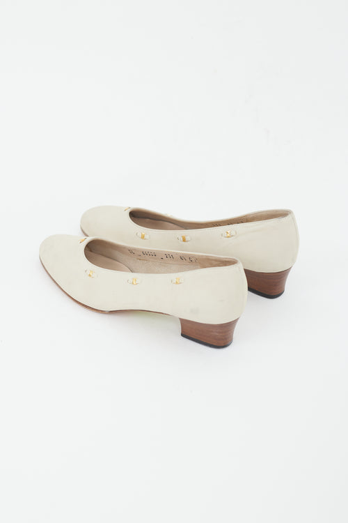 Ferragamo Beige & Gold Embellished Trim Suede Pump