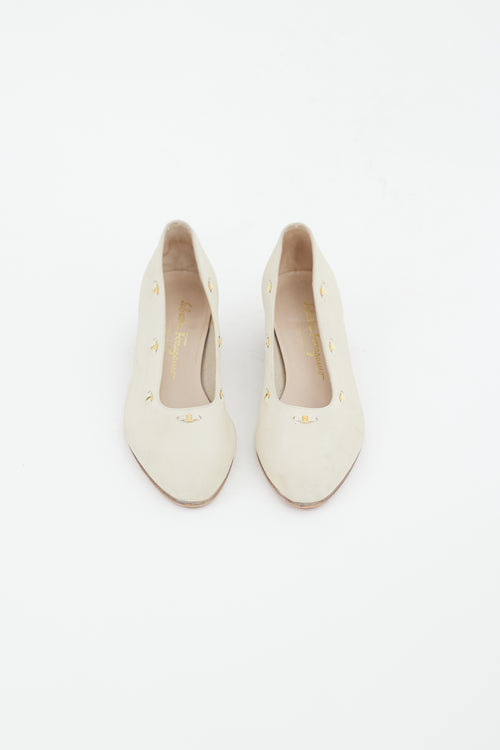 Ferragamo Beige & Gold Embellished Trim Suede Pump