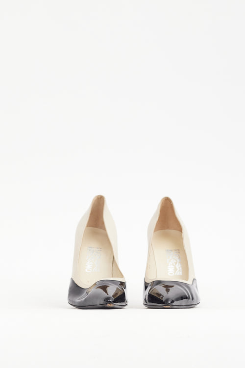 Ferragamo Black & Cream Patent & Leather Heel