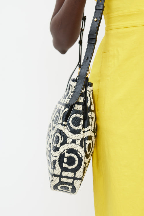 Ferragamo Black & Cream Reverse Medium Woven Raffia Tote Bag