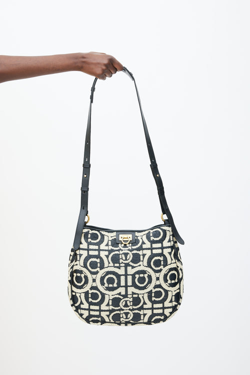 Ferragamo Black & Cream Reverse Medium Woven Raffia Tote Bag
