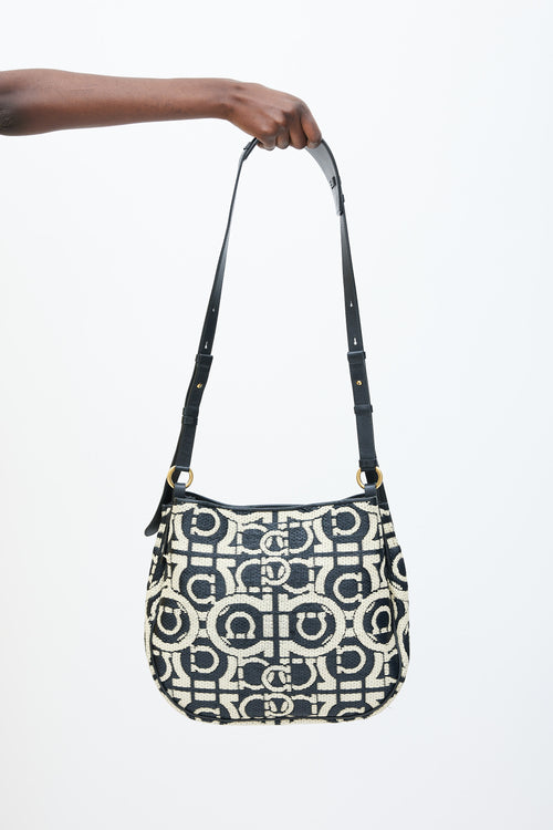 Ferragamo Black & Cream Reverse Medium Woven Raffia Tote Bag