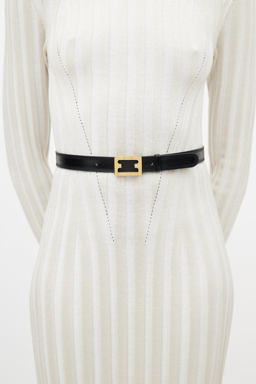 Ferragamo Black & Gold Leather F Belt