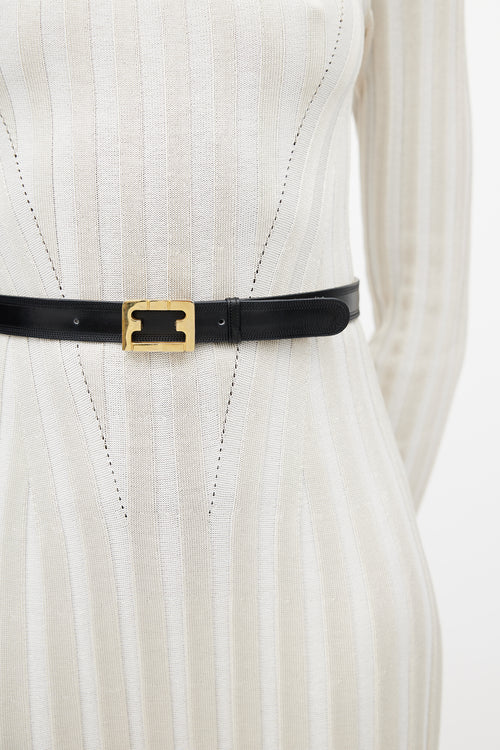 Ferragamo Black & Gold Leather F Belt