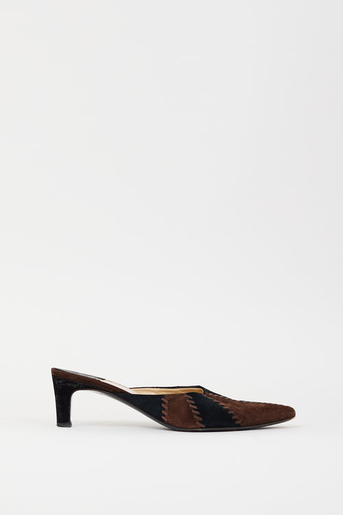 Ferragamo Vintage Black & Brown Suede Whipstitch Mule