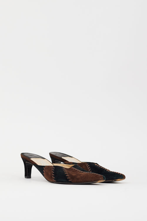 Ferragamo Vintage Black & Brown Suede Whipstitch Mule