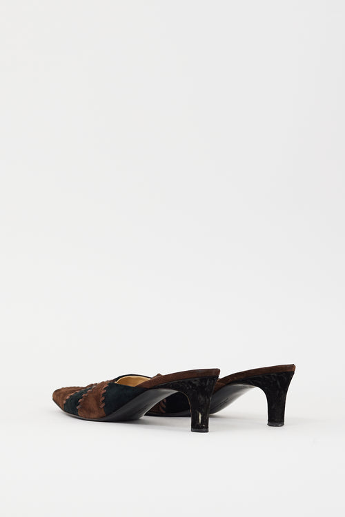 Ferragamo Vintage Black & Brown Suede Whipstitch Mule