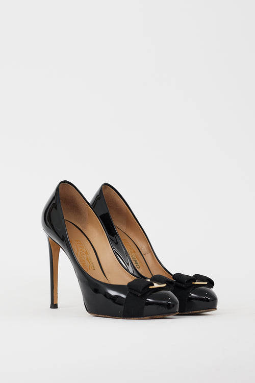 Ferragamo Black & Gold Patent Leather Vara Bow Heel