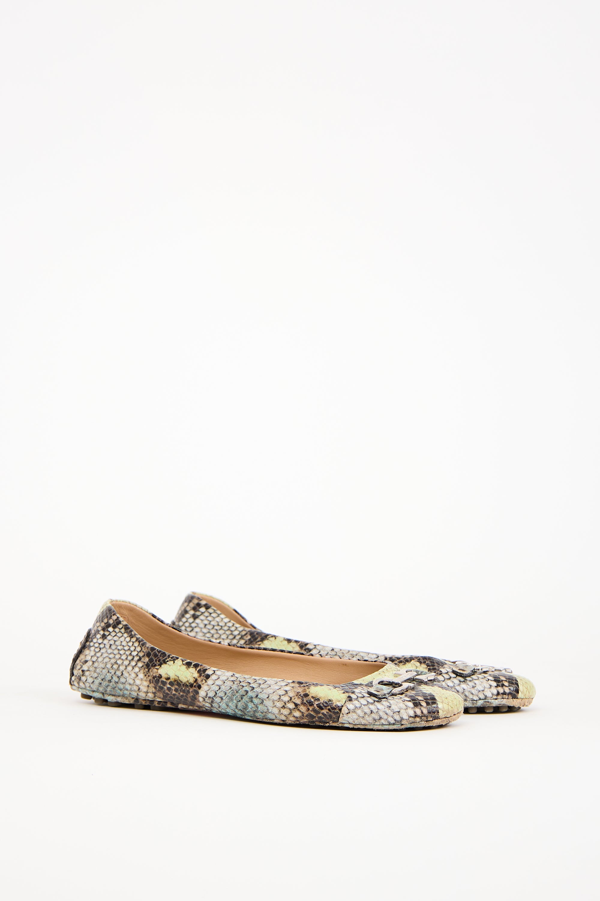 Ferragamo Green & Brown Embossed Leather  Flat