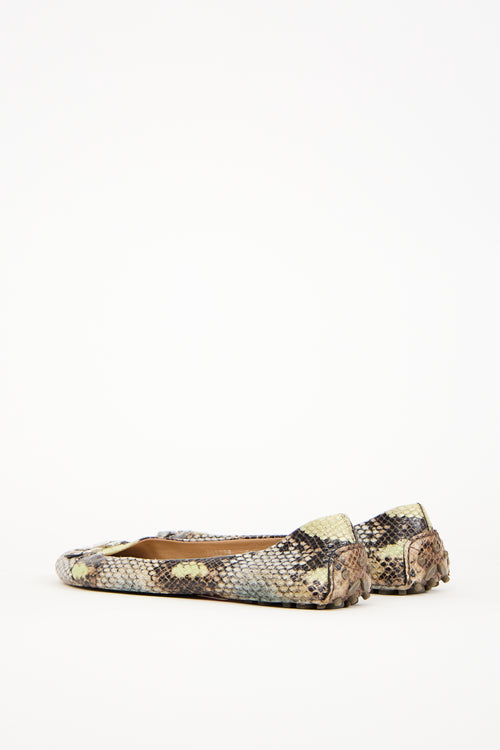 Ferragamo Green & Brown Embossed Leather  Flat