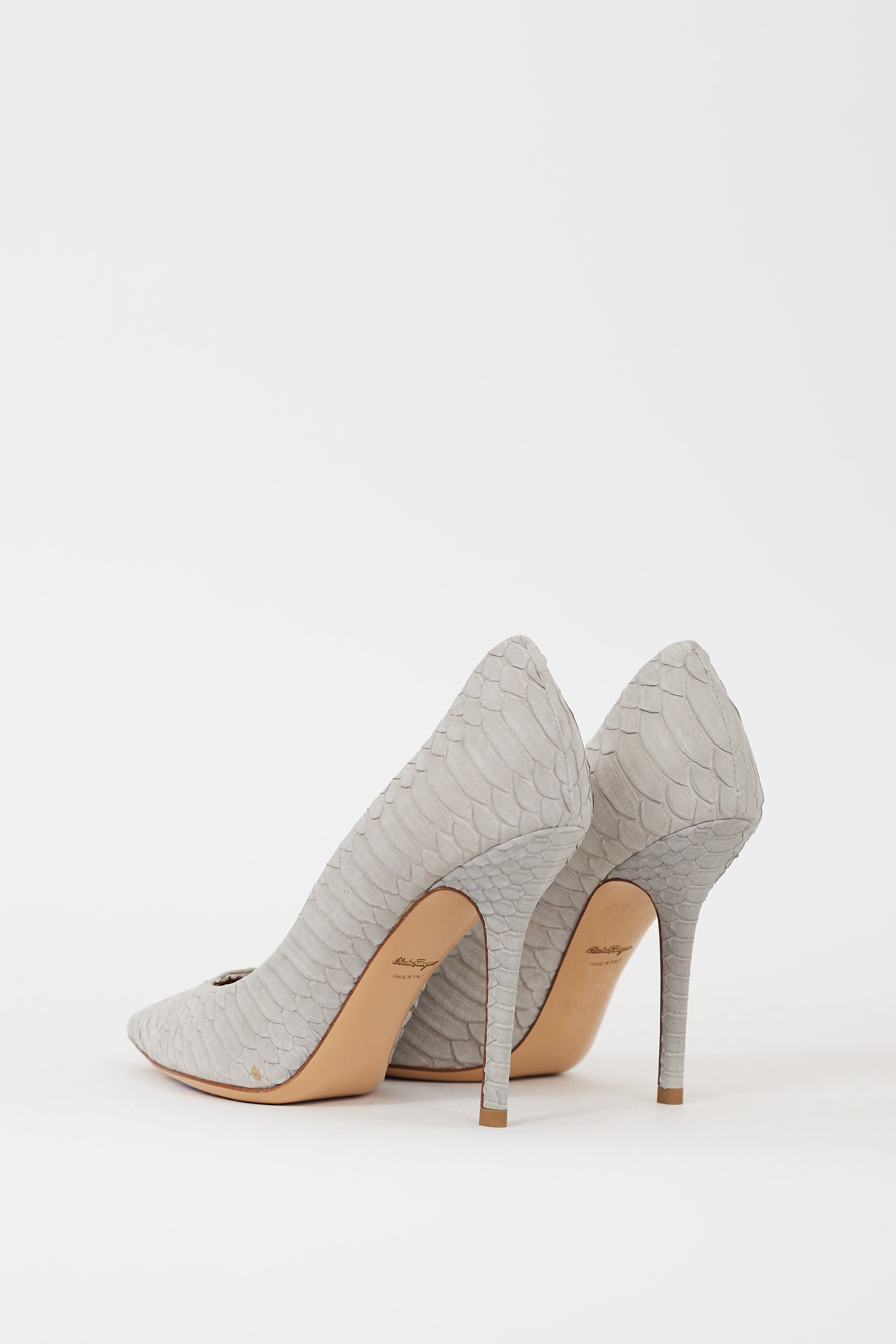 Ferragamo Grey Leather Susi Embossed Heel