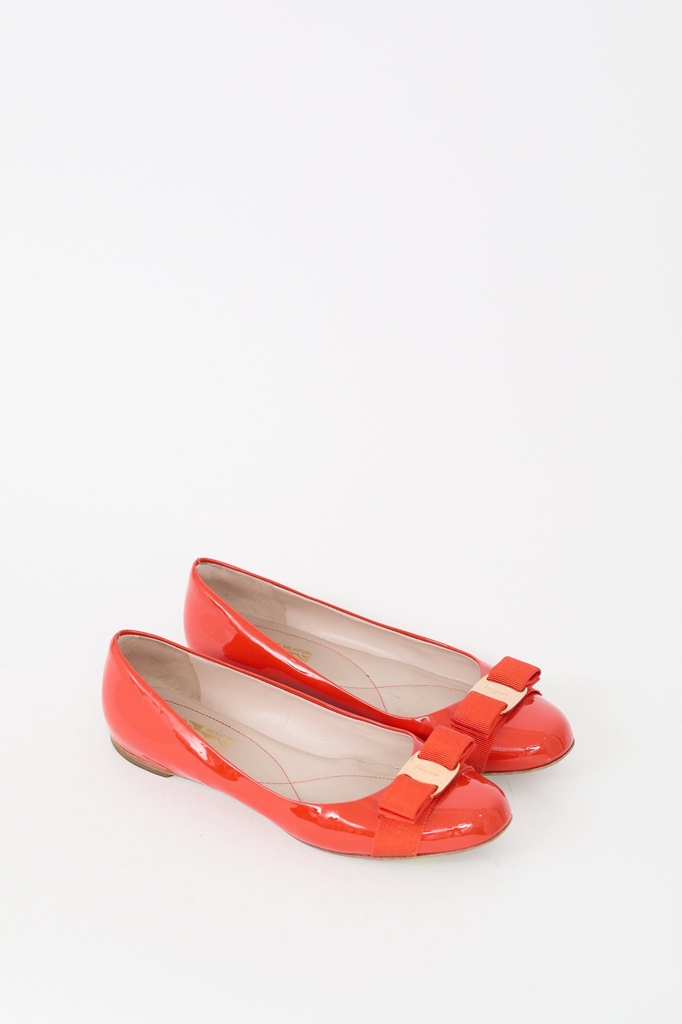 Ferragamo Orange Patent Leather Vara Bow Flat