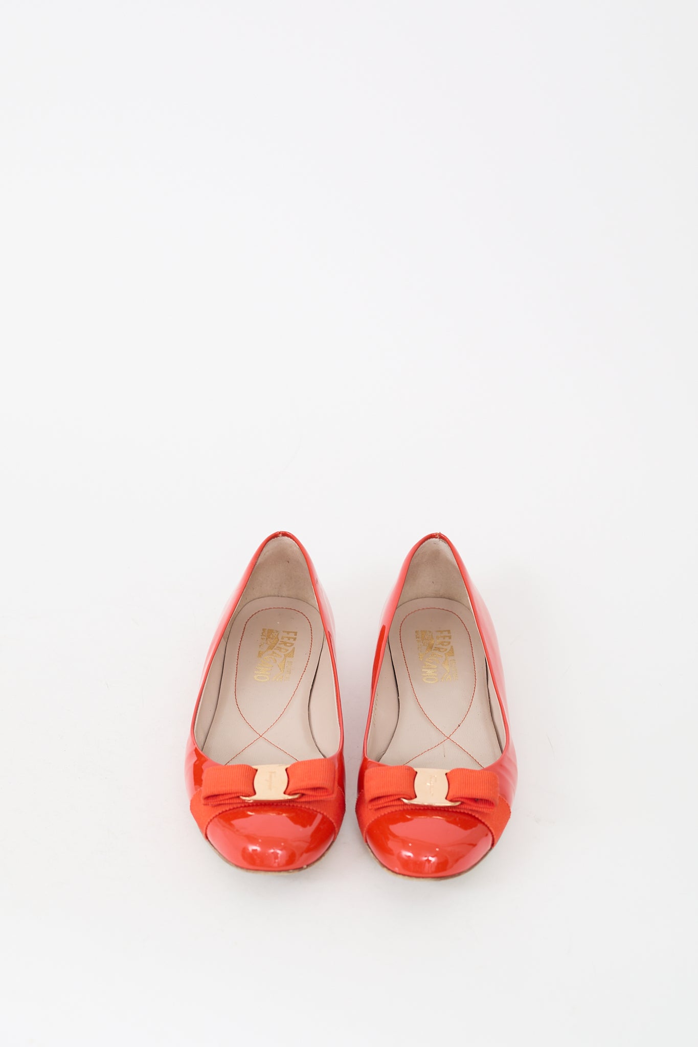 Ferragamo Orange Patent Leather Vara Bow Flat