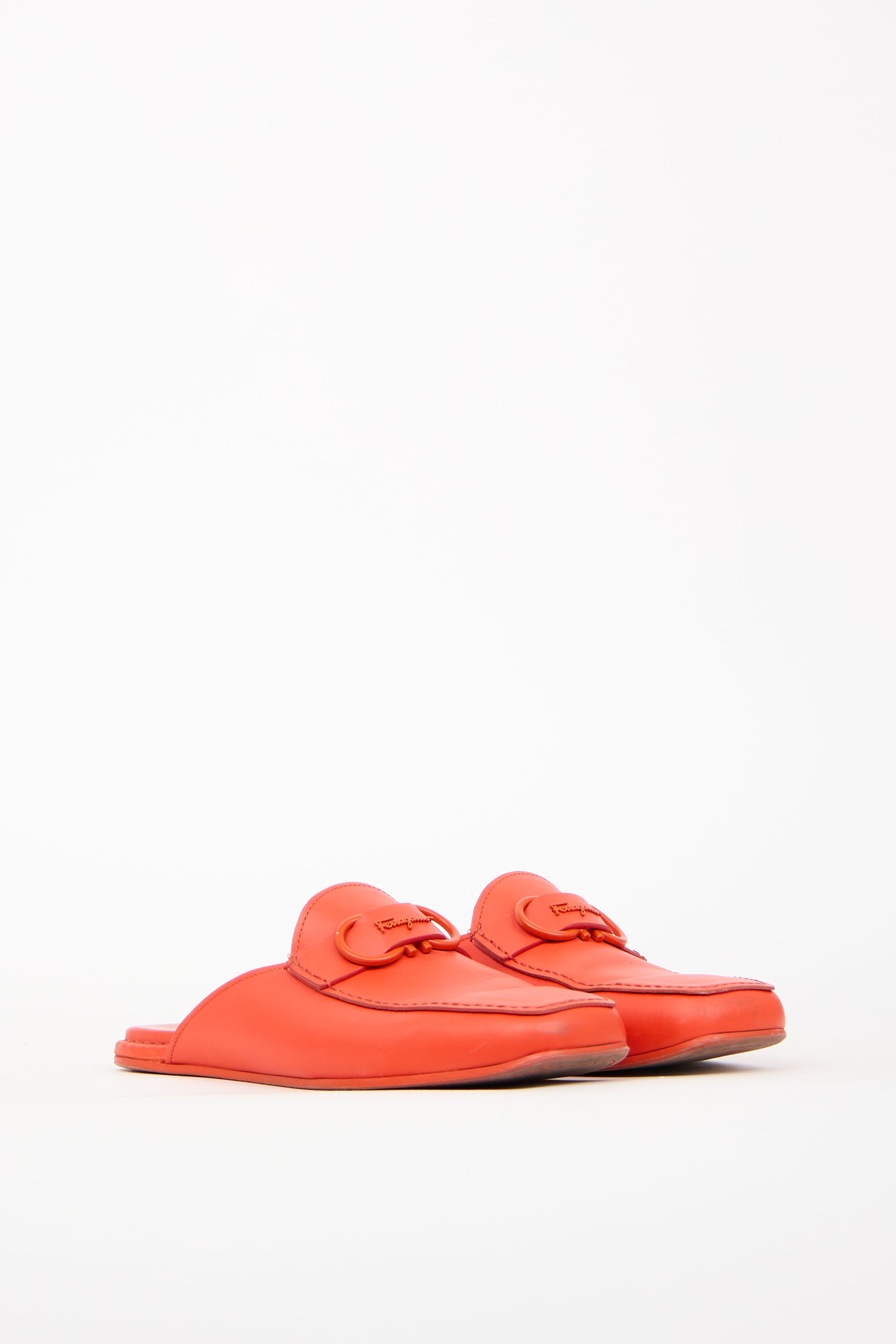 Ferragamo Orange Leather Logo Mules