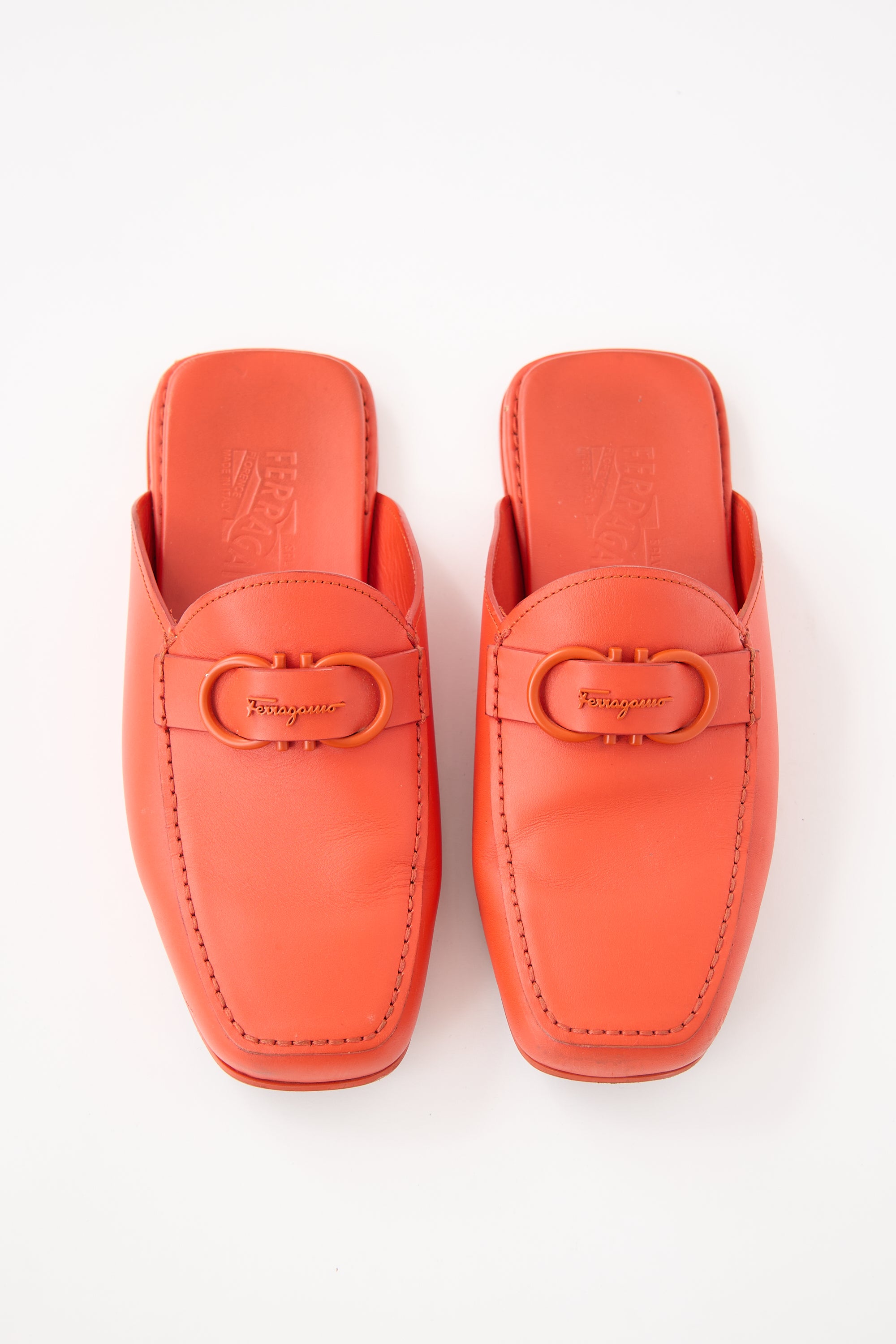 Ferragamo Orange Leather Logo Mules