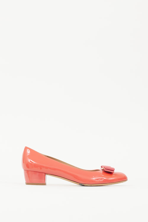 Ferragamo Pink & Gold Patent Leather Vara Bow Pump
