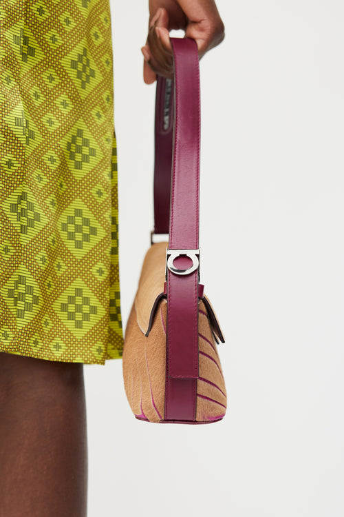 Ferragamo Purple & Brown Textured Hair Shoulder Bag