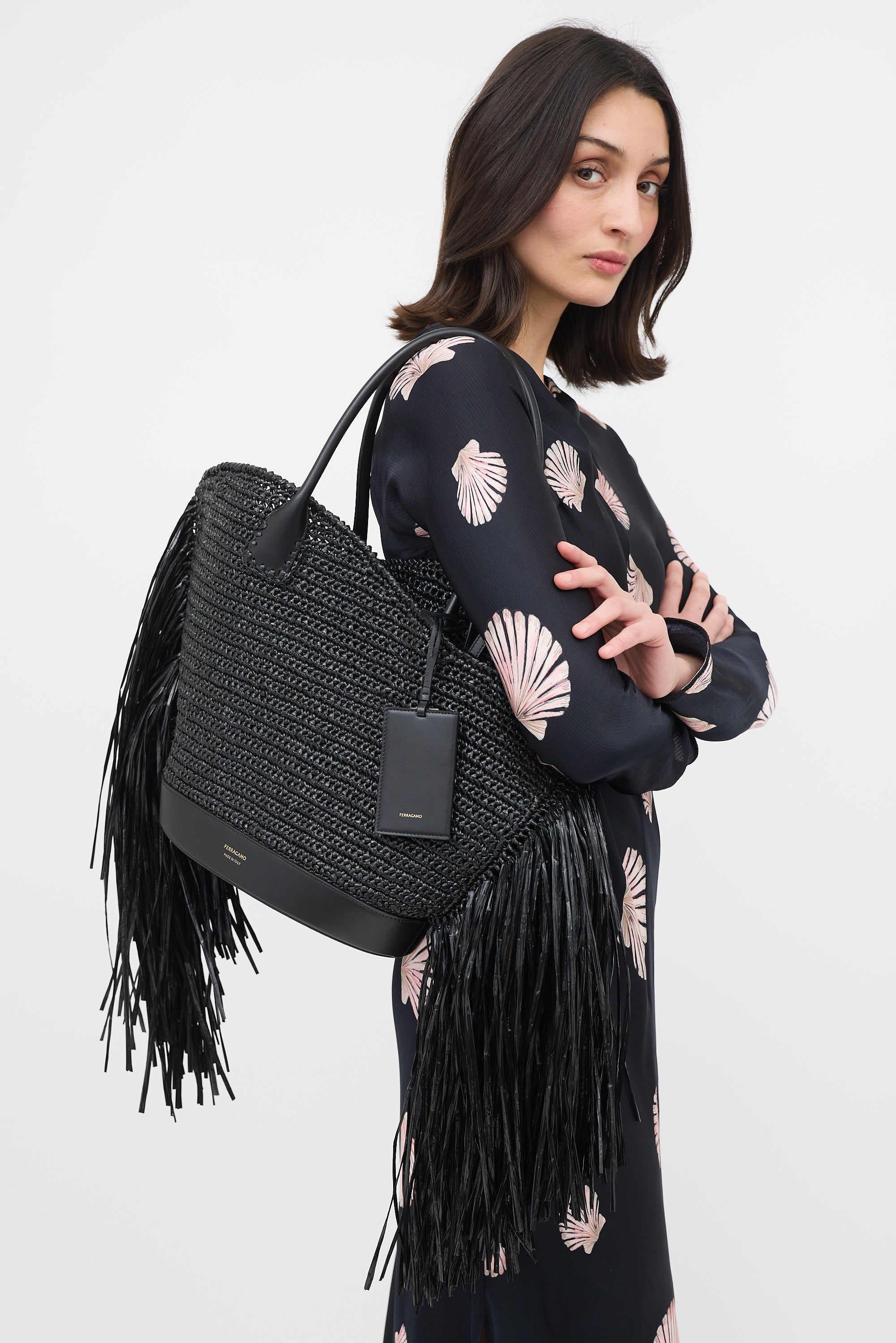 Ferragamo Raffia Fringe Tote Bag