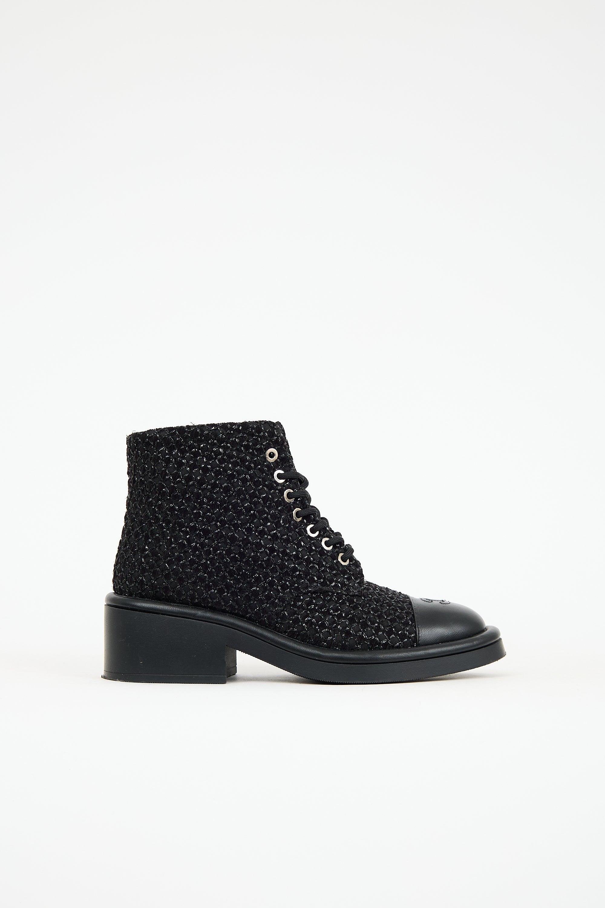 Chanel 2022 Leather & Tweed Combat Boot