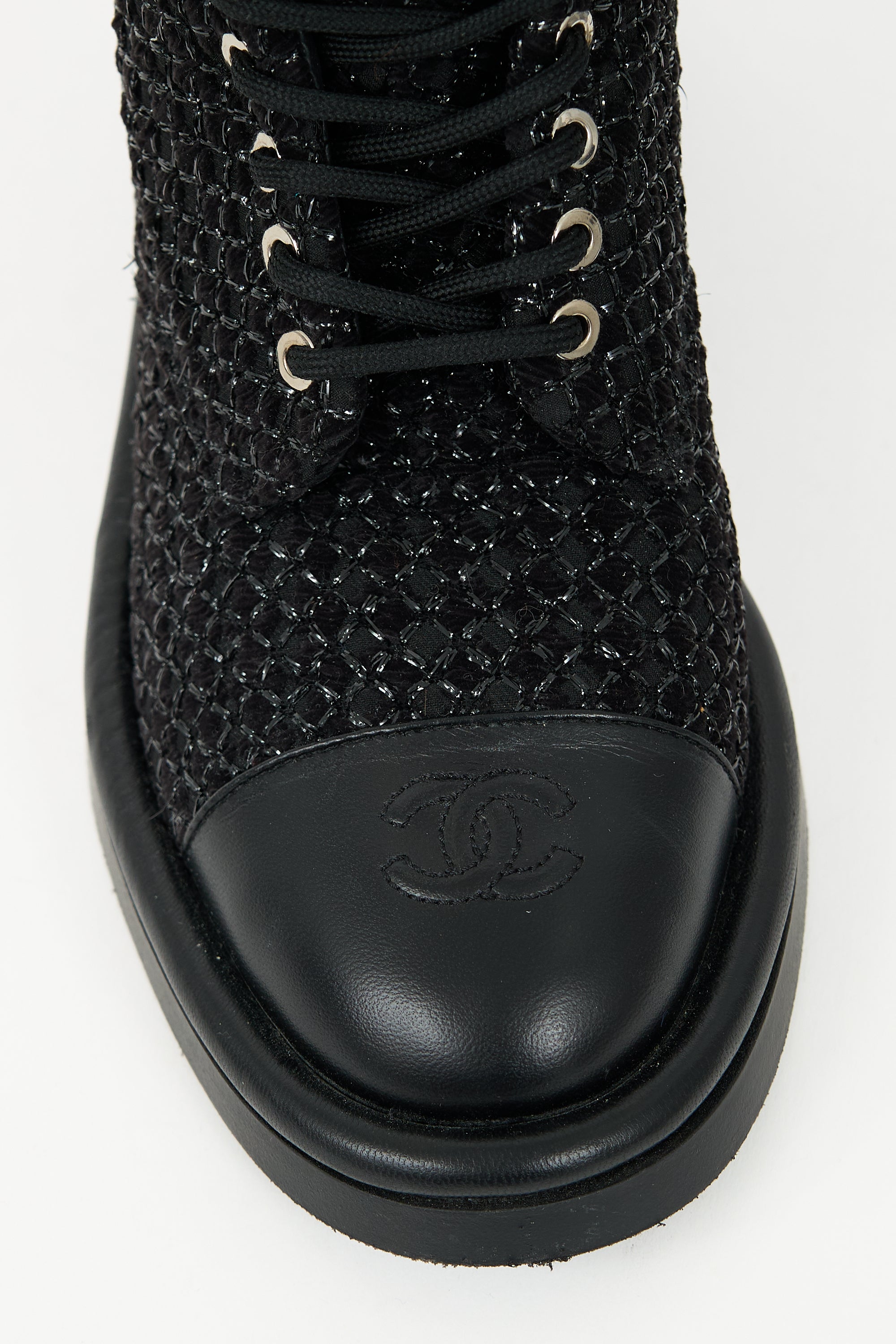 Chanel 2022 Leather & Tweed Combat Boot