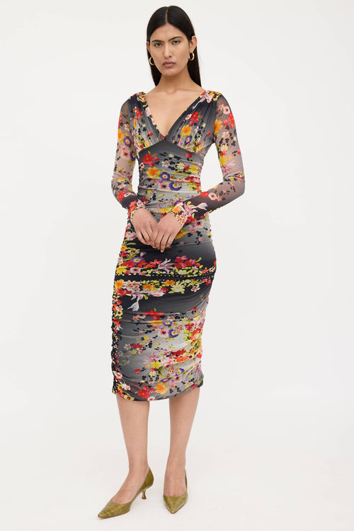 Fuzzi Floral Ruched Mesh Dress