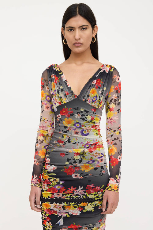 Fuzzi Floral Ruched Mesh Dress