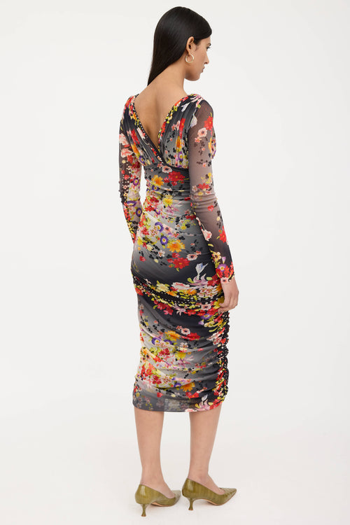 Fuzzi Floral Ruched Mesh Dress