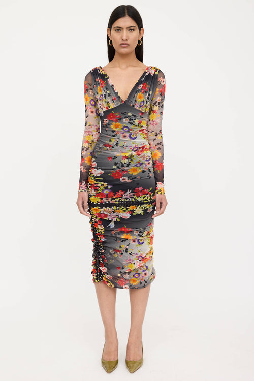 Fuzzi Floral Ruched Mesh Dress