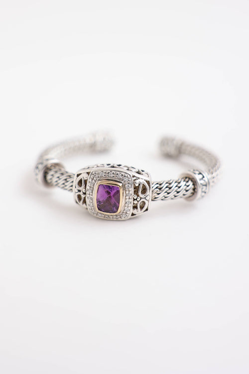Fine Jewelry Sterling Silver and 14K Yellow Gold Diamond & Amethyst Cuff Bracelet