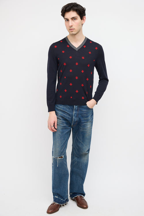 Gucci Navy & Red Wool Printed Sweater