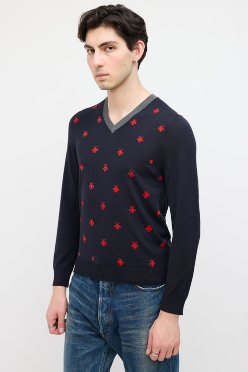 Gucci Navy & Red Wool Printed Sweater
