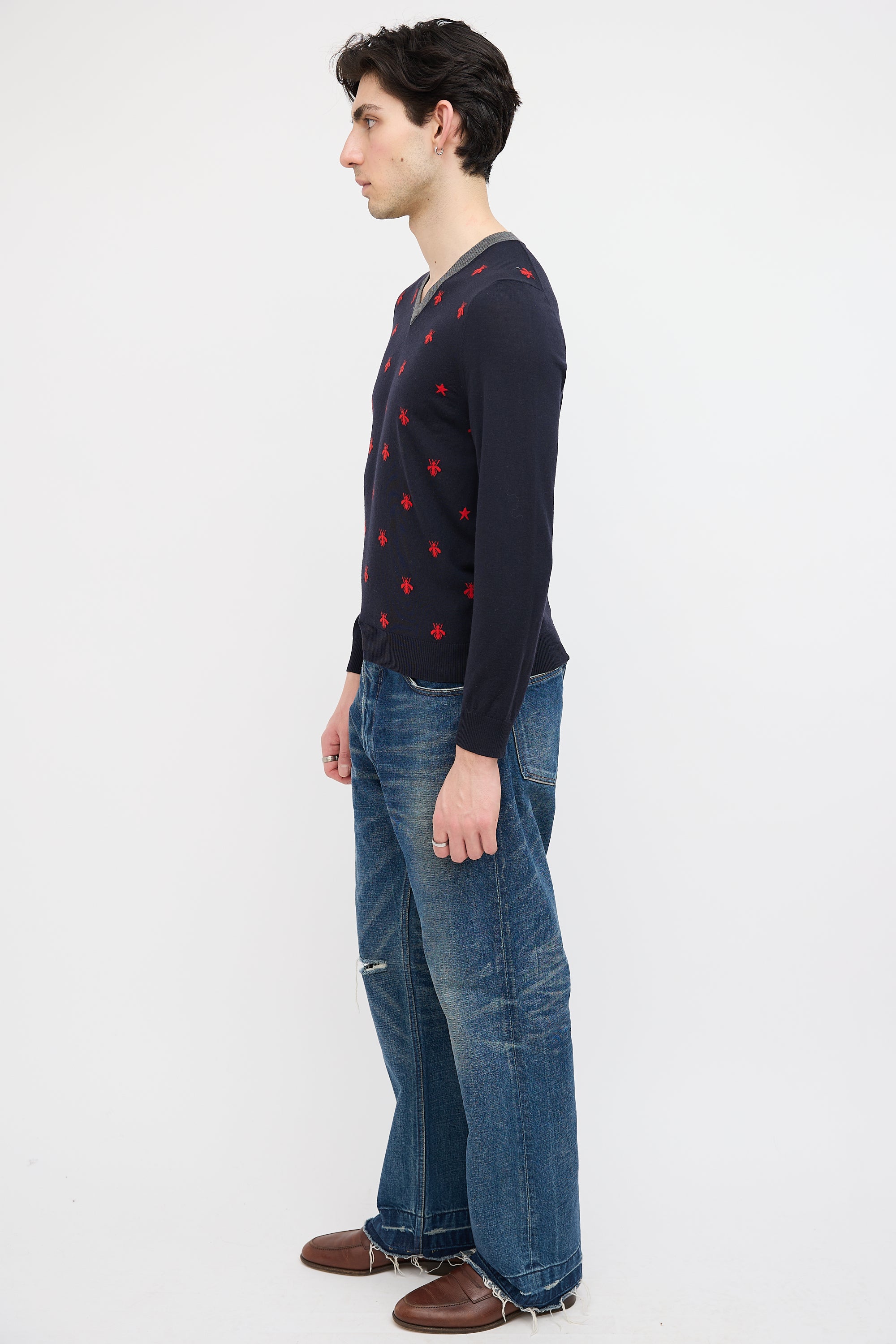 Gucci Navy & Red Wool Printed Sweater