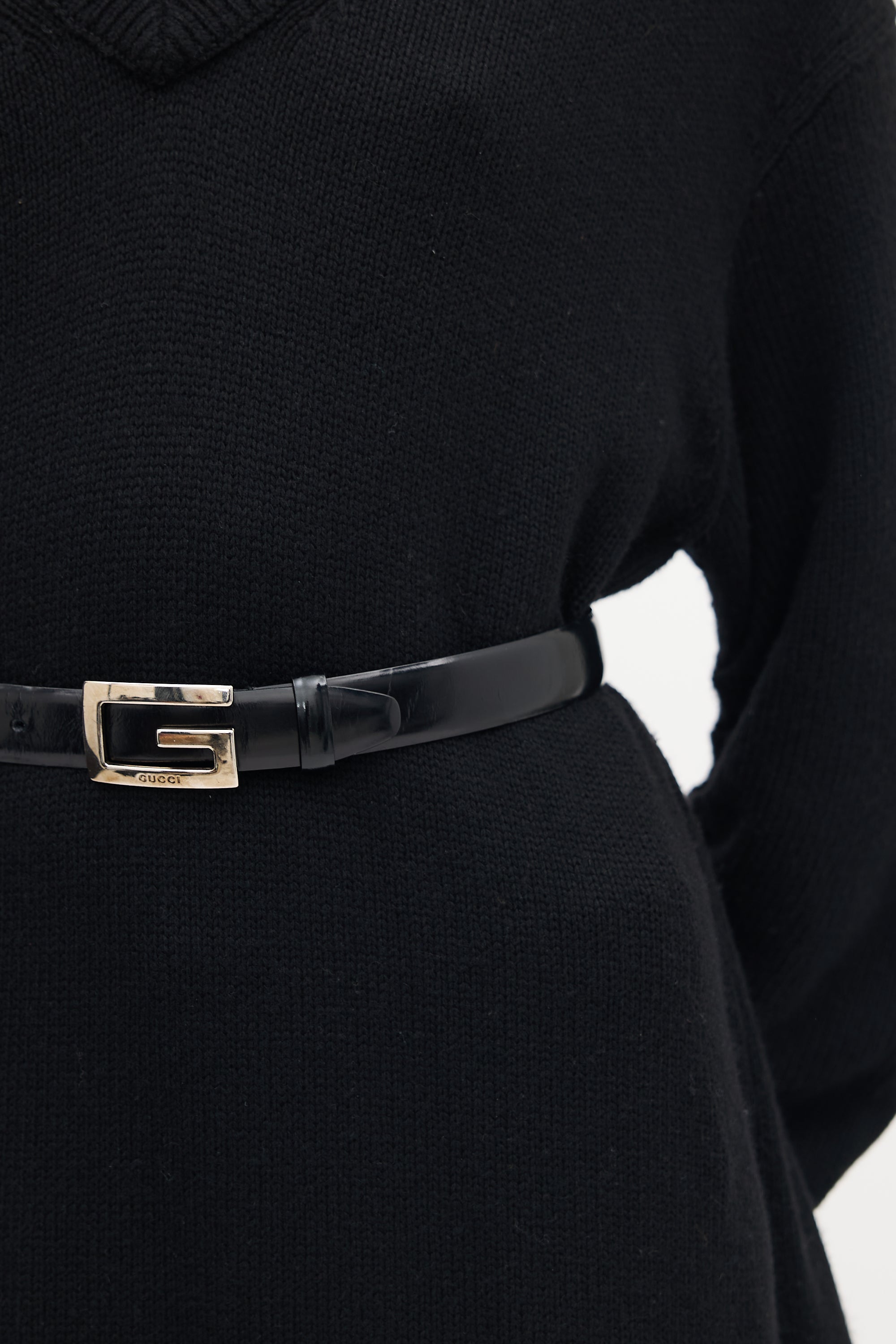 Gucci Black Leather Rectangle G Buckle Belt