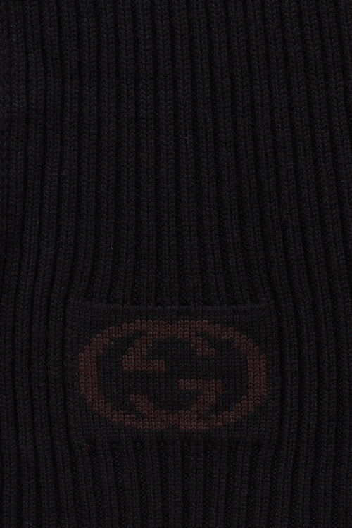 Gucci Black Wool Ribbed GG Logo Scarf