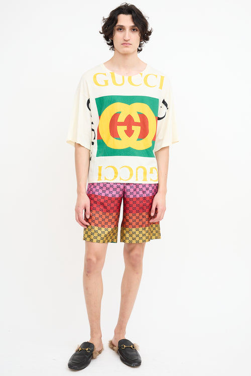 Gucci Cream & Multi Logo Oversized Cropped T-Shirt