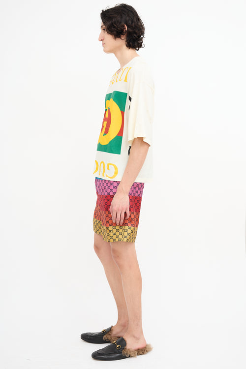 Gucci Cream & Multi Logo Oversized Cropped T-Shirt
