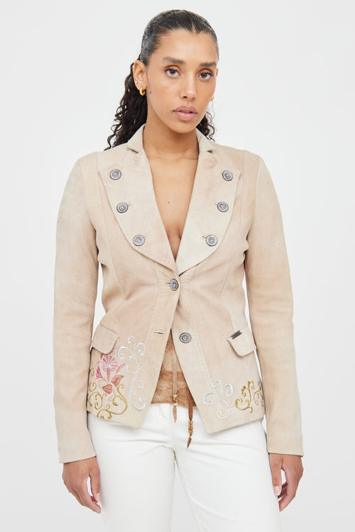 Galliano Beige & Multicolour Suede Embroidered Blazer