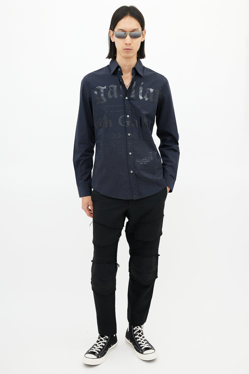 Galliano Black Newspaper Print Logo Shirt