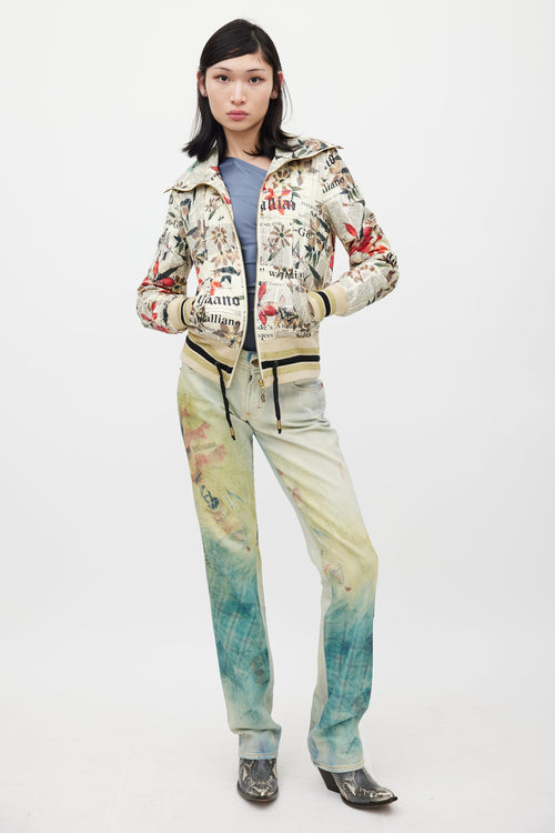 Galliano Cream & Multicolour Floral Newsprint Bomber Jacket
