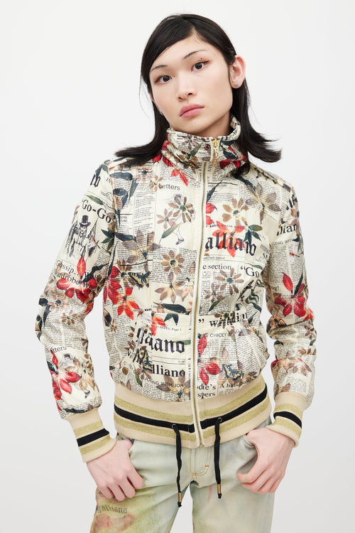 Galliano Cream & Multicolour Floral Newsprint Bomber Jacket