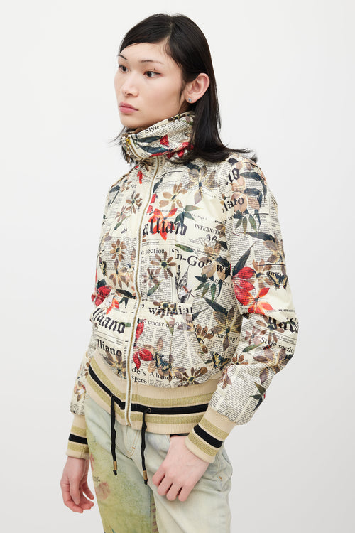 Galliano Cream & Multicolour Floral Newsprint Bomber Jacket