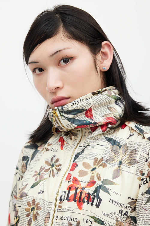 Galliano Cream & Multicolour Floral Newsprint Bomber Jacket