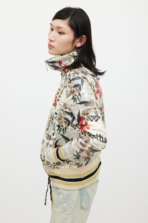 Galliano Cream & Multicolour Floral Newsprint Bomber Jacket