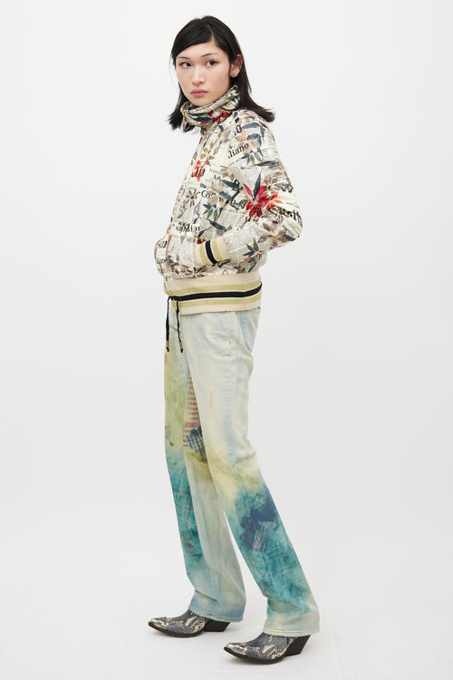 Galliano Cream & Multicolour Floral Newsprint Bomber Jacket